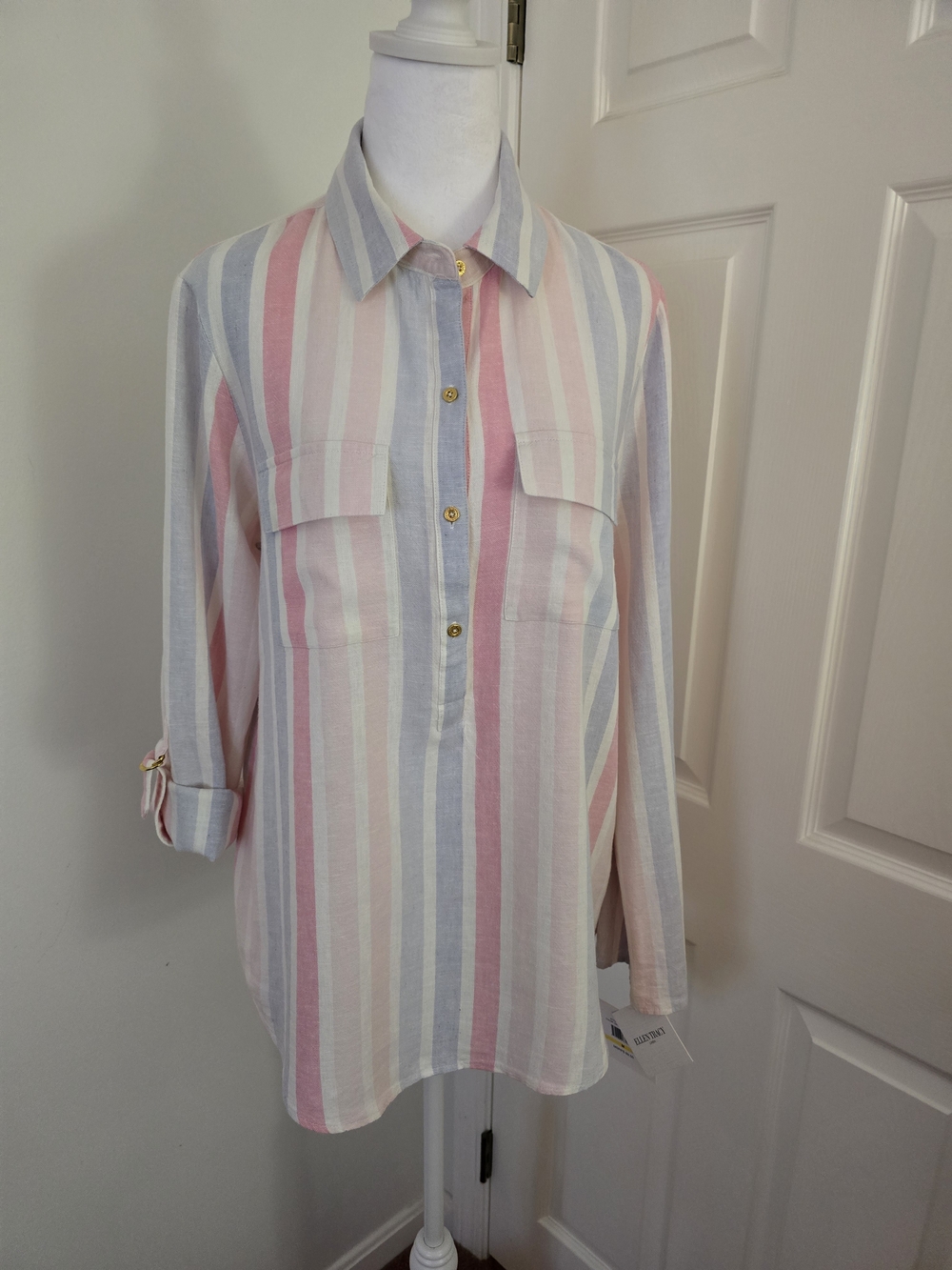 Ellen Tracy Pastel 2 Pocket  Striped Button Down 3/4 Or Long Sleeve Shirt Sz (M)
